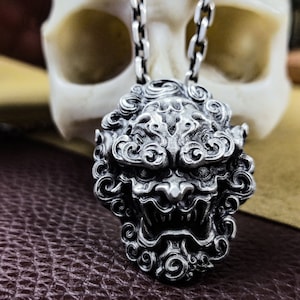 Chinese Style Lion Silver Pendant Necklace|Chinese Buddhist Jewelry|Good Luck Pendant|Lion Head Pendant|Men&#39;s Jewelry