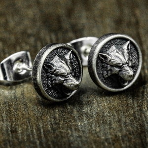 Friendship Couple Wolf Jewelry - Wolf Silver Stud Earrings - Howling Wolf Silver Men's Jewelry - Husband Gift Button Earrings