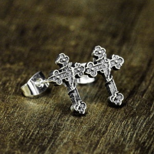 Cross sterling silver earrings, Baroque style jewelry, Christian jewelry gifts, 925 silver earrings, men's decorative earrings, cross gifts