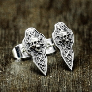 Skull earrings on shield - shield girl - surprise gift - sterling silver earrings - vikings - satan shield earrings - totem earrings