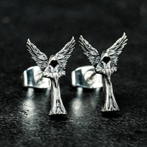 Angel Silver Stud Oorbellen - leven en dood zilveren sieraden, gotische stud oorbellen voor mannen, engelgeschenken, dood en leven engel mysterieuze geschenken