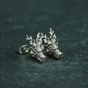 Drachenkopf 925 Sterling Silber Ohrringe, Drachen Silber Schmuck, Chinesischer Drachen Ohrringe - Handgemacht