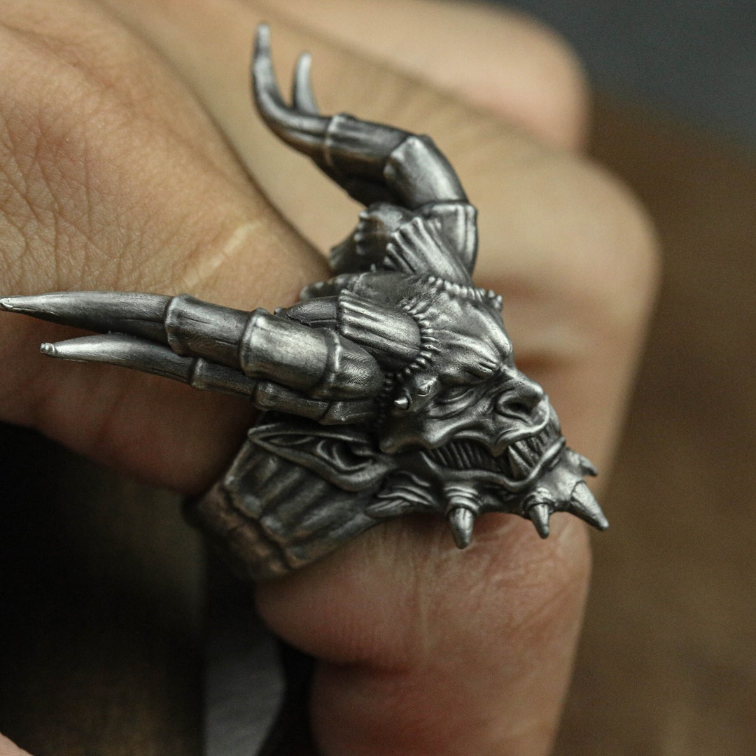 Handmade Horned Satanic Sterling Silver Ring: Biker Jewelry - Etsy