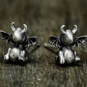 May include: A pair of silver dragon earrings with detailed wings and a textured finish.