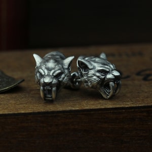 sabertooth tiger earrings jewelry, beast jewelry, tiger head earrings, feline, sabertooth tiger of destruction, oldhunterjewelry, tigerpower