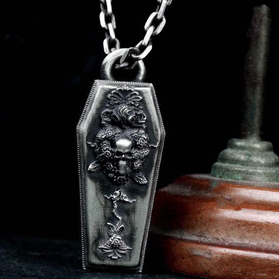 Gothic Coffin Pendant: Skull & Rose Sterling Silver Necklace