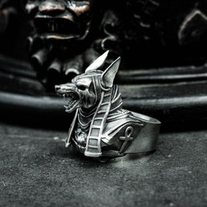 K&ouml;nnte beinhalten: Ein silberner Ring mit dem Kopf von Anubis, dem &auml;gyptischen Gott, mit grimmigem Gesichtsausdruck und detaillierten Hieroglyphen. Der Ring hat eine polierte Oberfl&auml;che und ein Ankh-Symbol auf dem Band.