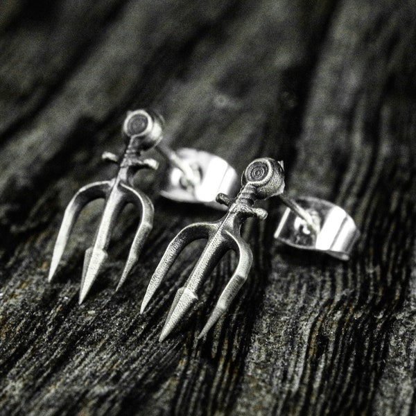 Neptune Trident Earrings - Handmade Trident Silver Jewelry - Silver Three Sword Forks - Men's Earrings - Women's Silver Earrings