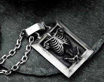 925 sterling silver skeleton skeleton pendant, skeleton pendant necklace, skeleton picture frame pendant, gothic pendant - artisan made