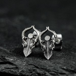 Satanic Ram Head Earrings, Gothic Skull Silver Earrings, Silver Earrings, Gifts for Men, Shield Knight Earrings Gifts, Sacrificial Symbols