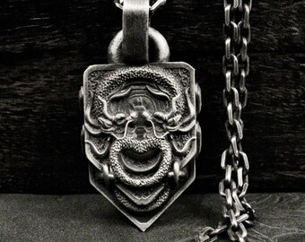 Dragon Shield Pendant Necklace: Double Dragons, Pearl Amulet