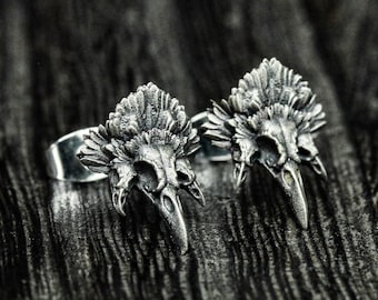 Sterling Silver Three-Headed Crow Skull Stud Earrings: Pagan Jewelry