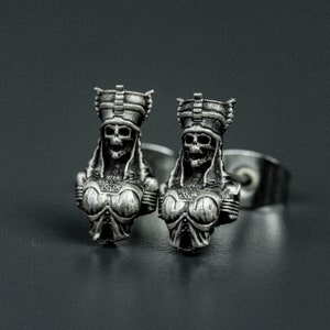 Ancient Egyptian goddess earrings, Pharaoh skull earrings, Greek main god tomb ancient legend curse inscription pyramid religious earrings