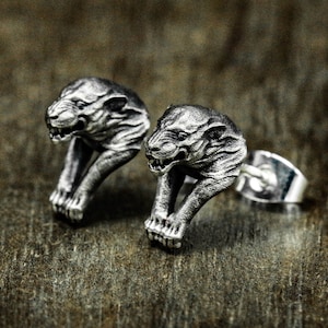 Double leopard men's earrings\leopard print silver earrings-wild men's earrings jewelry, forest animal power inspirationoldhunterjewelrygift