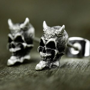Full jaw skull earrings, evil smile skull earrings, dark pioneer, jewelry gifts for him - handmade devil skull stud earrings