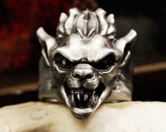 Handmade Sterling Silver Dog Demon Ring - Gothic Hellhound Jewelry