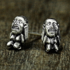 Mayan golden man earrings, ancient culture earrings - carved human earrings detail carved earrings, sacred religious worship deity jewelry,