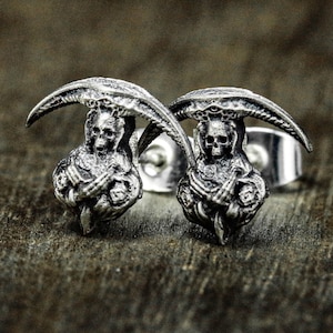Men's Gothic Skull Earrings, Grim Reaper's Scythe Gift - Horror Earrings - Day of the Dead - Death and Life Mystical Jewelry Gift