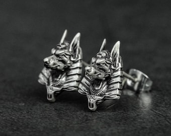 Handmade Sterling Silver Anubis Stud Earrings: Egyptian God Jewelry