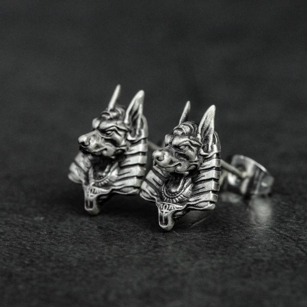 Anubis Egyptian Silver Stud Earrings, Silver Egyptian Jewelry, Egyptian God Stud Earrings - Handmade