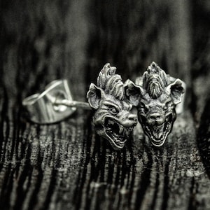 Hyena Head Earrings\Earrings\Black Friday\Cyber Monday\Gifts\Fantastic\Funny\Weird\Animals\Oxide Silver\Clear Design\Jungle Series