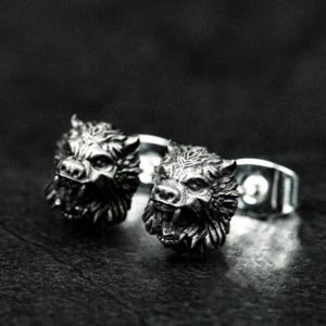 roaring bear earrings, brown fur bear earrings, sterling silver massiveanimalearrings, angrybear earrings jewelry, giftforhim, fierceforager