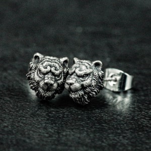Tiger Silver Studs - Silver Tiger Head Jewelry - Zodiac Tiger Earrings - Gifts for Animal Lovers - Solid Hand Casting - Men's Jewelry