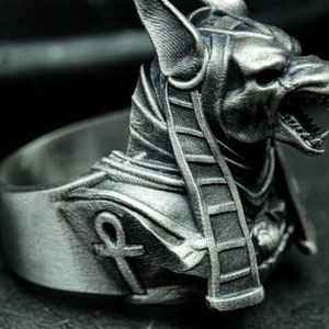 K&ouml;nnte beinhalten: Ein silberfarbener Ring mit dem Kopf von Anubis, dem &auml;gyptischen Gott. Der Ring weist aufwendige Details auf, darunter die Ohren, der Kragen und der offene Mund des Gottes. Ein Ankh-Symbol ist ebenfalls sichtbar.