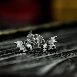 Midnight bat earrings, Halloween Gothic men's skull silver earrings, vampire incarnation horror creature mysterious element jewelry gift
