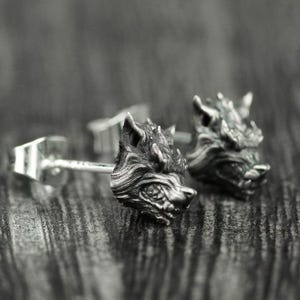 Angry wolf head earrings, wolf earrings, silver wolf jewelry, wolf lover gifts, animal wolf earrings, handmade ferocious animal earrings