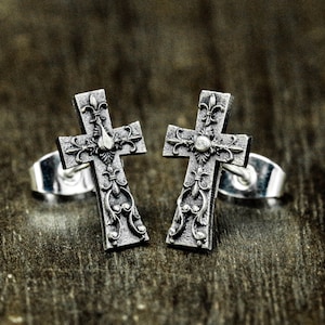 Iris earrings, cross earrings, gothic silver earrings, floral girls' jewelry, goddess gifts, iris jewelry