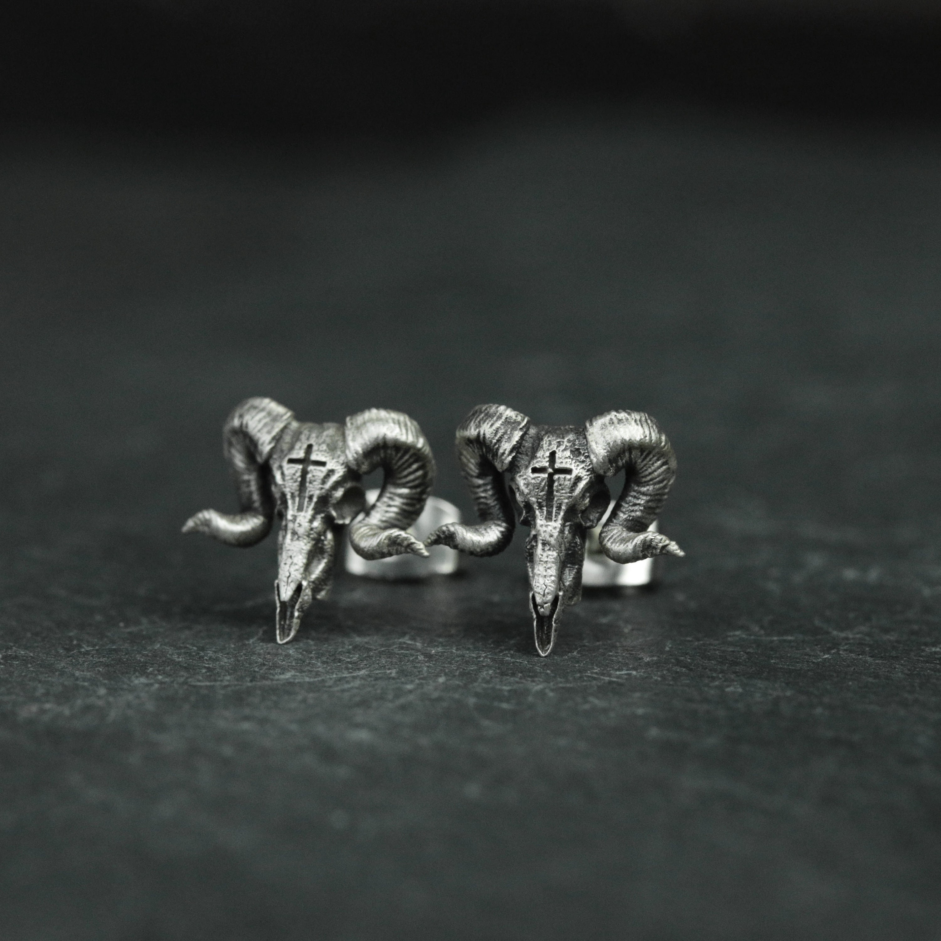 Baphomet Ram Skull 925 Sterling Silver Earrings, Gothic Mysterious