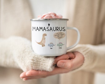 Mamasaurus Geschenk Mama Geburtstagsgeschenk Emaille Tasse Muttertag Mami Mutter personalisiertes Geschenk Baby Sohn Tochter Dino Regenbogen