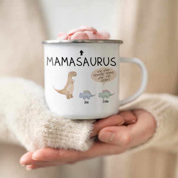 Mamasaurus Geschenk Mama Geburtstagsgeschenk Emaille Tasse Muttertag Mami Mutter personalisiertes Geschenk Baby Sohn Tochter Dino Regenbogen