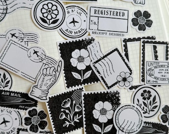 black and white floral post stamps die cut sticker pocket, planner sticker, stamp sticker, ephemera cut out stickers 25+ pieces