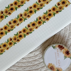 Cinta washi de girasol, cinta de enmascarar, cinta washi para diario, cinta washi floral, diario de verano, papelería de girasol