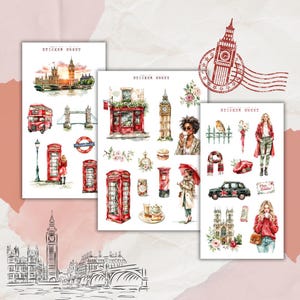 Könnte beinhalten: Drei Stickerbögen mit Aquarellillustrationen von London. Sie zeigen Wahrzeichen wie Big Ben, rote Telefonzellen und modische Figuren. Ein Big Ben-Stempel-Grafik ist ebenfalls vorhanden.