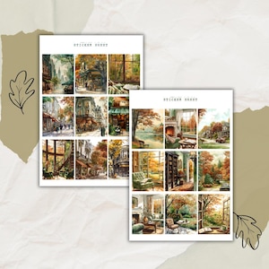 Könnte beinhalten: Zwei Stickerbögen mit Aquarellillustrationen von Herbstszenen. Die Aufkleber zeigen Stadtlandschaften, gemütliche Innenräume mit Kaminen und Landschaften mit Bäumen in Herbstfarben. Der Text "STICKER SHEET" ist oben auf jedem Bogen aufgedruckt.