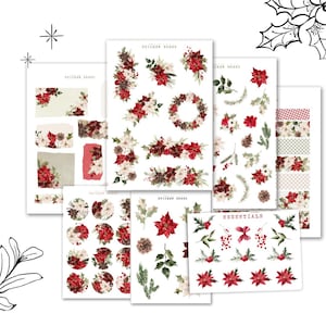 Könnte beinhalten: Eine Sammlung von Stickerbögen mit Aquarell-Weihnachtsdesigns. Die Aufkleber zeigen Weihnachtsstern, Stechpalme, Tannenzapfen und andere festliche Elemente in Rot, Weiß und Grün. Der Text "STICKER SHEET" und "ESSENTIALS" ist sichtbar.
