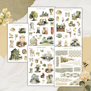 Könnte beinhalten: Mehrere Stickerbögen mit Aquarellillustrationen von Gartenszenen und Naturelementen. Die Aufkleber zeigen Tiere, Pflanzen und Gartenmerkmale wie Tore, Gewächshäuser und Bänke. Die Farbpalette ist weich, mit Grün-, Braun- und Cremetönen.