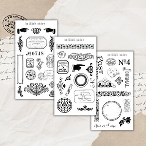 Könnte beinhalten: Drei Stickerbögen mit Vintage-Designs. Jeder Bogen zeigt schwarz-weiße Illustrationen von floralen Elementen, Händen, Stempeln und Text. Die Bögen enthalten den Text "STICKER SHEET", "POSTSCRIPT", "JOURNAL" und "POST OFFICE".