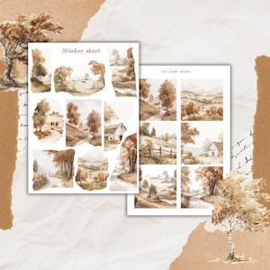 Könnte beinhalten: Zwei Aufkleberbögen mit Aquarellillustrationen von Herbstlandschaften, darunter Bäume, sanfte Hügel, Zäune und rustikale Scheunen. Der Text 'Sticker sheet' ist oben auf jedem Bogen gedruckt und zeigt verschiedene Szenen in Braun- und Beigetönen.