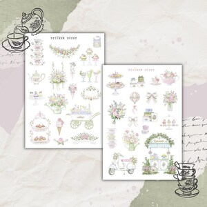 Könnte beinhalten: Zwei Stickerbögen mit Aquarellillustrationen von Teesets, Blumen, Desserts und einem Limonadenstand. Die Bögen tragen den Text "Sticker Sheet". Die Farbpalette ist weich, mit Rosa, Grün und Creme.