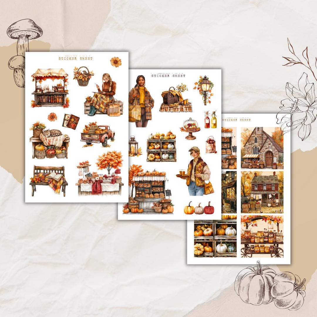 Autumn farmers market sticker sheet bundle, autumn sticker, planner ...