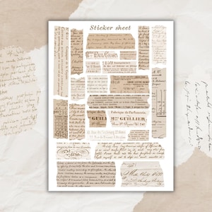 Könnte beinhalten: Ein Stickerbogen mit einer Collage aus Vintage-Papier-Ephemera. Das Design umfasst zerrissene Papierstreifen mit verblasstem Text, Stempeln und handschriftlichen Schriftzügen in Beige- und Brauntönen. Der Text "Sticker sheet" steht oben.