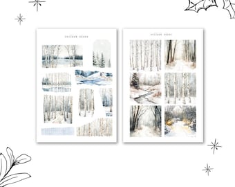 snowy forest sticker sheet winter stationery, christmas sticker sheet, christmas tree, scenery sticker, deco sticker