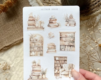 Books and bookshelves sticker sheet, book stickers, reading journal sticker