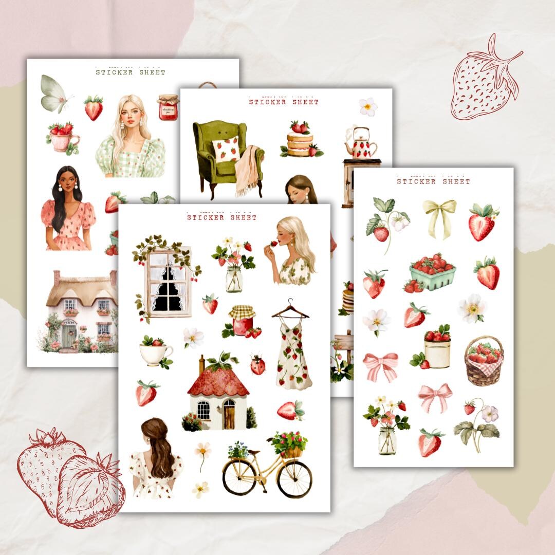 Strawberry Cottage Sticker Sheet Bundle, Summer Sticker, Planner ...