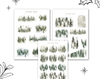 May include: Three sticker sheets with watercolor illustrations of a forest. The first sheet has 12 stickers of different sized forest scenes. The second sheet has 10 stickers of different sized forest scenes and a tag. The third sheet has 12 round stickers of forest scenes.