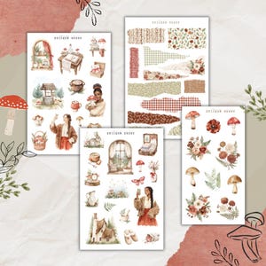 Könnte beinhalten: Vier Stickerbögen mit Aquarellillustrationen. Ein Bogen zeigt eine Vielzahl von Bildern, darunter einen Brunnen, Pilze und eine Person. Ein weiterer Bogen hat zerrissene Papierdesigns. Die anderen beiden Bögen haben Blumen- und Pilzdesigns. Die Worte "STICKER SHEET" sind auf jedem Bogen aufgedruckt.